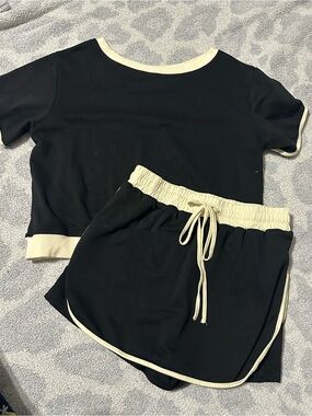 Black Two-Piece Lounge Set with Cream Trim
